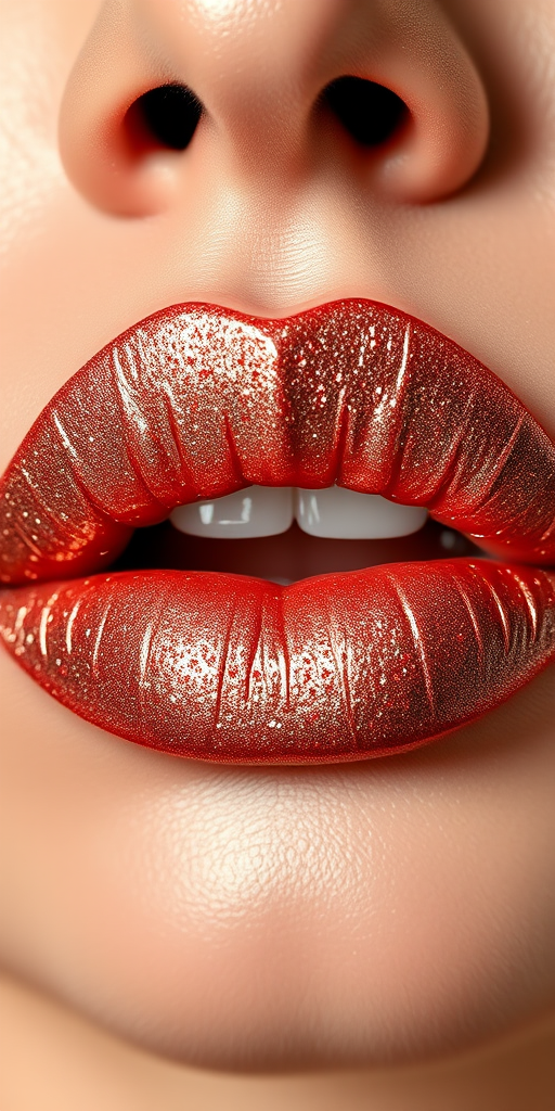 Glittering rose gold lip gloss creates a dazzling effect on perfectly shaped lips, catching the light and emphasizing their three-dimensional quality