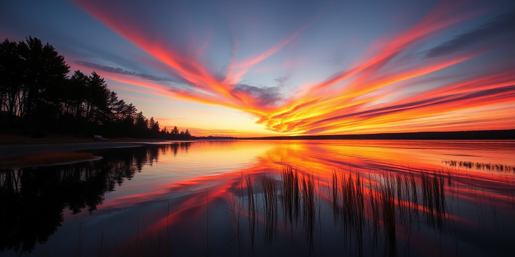 Generate a high-resolution image of a scenic sunset over a calm lake with vibrant colors, using a DSLR camera with a 50mm lens, aperture set to f/1.8, ISO 100, shutter speed 1/125 sec, capturing a wide-angle view to emphasize the reflection on the water.