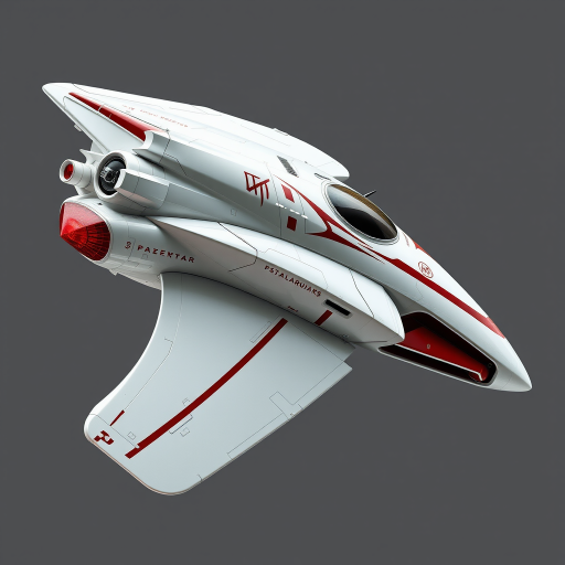 Create a high-resolution image of a futuristic spaceship with a sleek, aerodynamic design, featuring a white exterior with red accents and a prominent insignia, viewed from the side, using a DSLR camera with a 50mm lens, aperture set to f/8, ISO 100, and a shutter speed of 1/200s for clarity and detail.