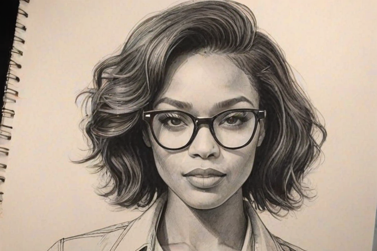 Enchanting Kylie Bunbury, pencil sketch, portrait of Gorgeous woman 1966s in glasses, hair style beatnik, outline, clear lines, fine lines, 8k