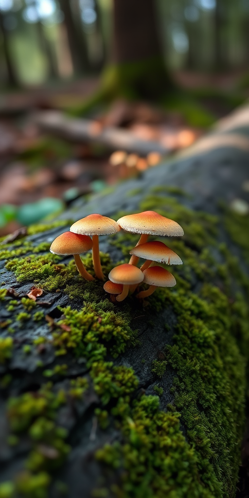 mushrooms growing on moss-covered log in a forest, shallow depth of field, natural lighting, f/2.8, ISO 100, 50mm lens, macro photography, DSLR camera