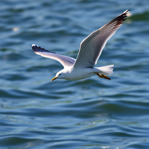 capture a seagull in flight over water with its wings spread, 85mm lens, f/4 aperture, ISO 200, shutter speed 1/1000s, natural light, taken with a DSLR camera, ensure high resolution and detail in feathers and water reflections