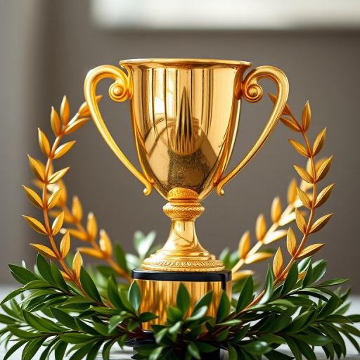 Create a high-resolution image of a golden trophy surrounded by a laurel wreath, using a 50mm lens, f/2.8 aperture, ISO 100, shot in soft natural lighting from a 45-degree angle with a shallow depth of field to enhance details.