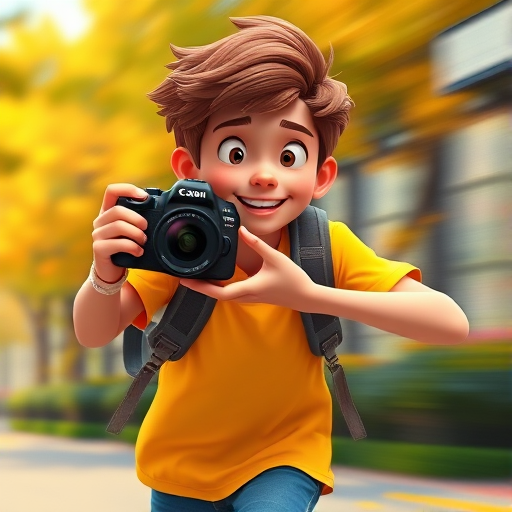 Generate an animated character of a young man with brown hair and a yellow shirt, running with a backpack, using a Canon EOS R5 camera with a 50mm lens at f/1.8, 1/200s shutter speed, with vibrant colors and dynamic motion blur to enhance image quality.