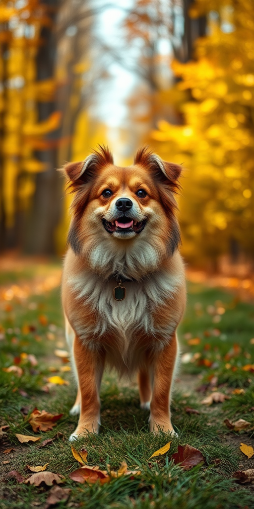 Courageous and fluffy dog standing on a grassy path surrounded by trees in autumn, shot with a Canon EOS R5, aperture f/2.8, ISO 100, 50mm lens, shallow depth of field, natural light, vibrant colors.