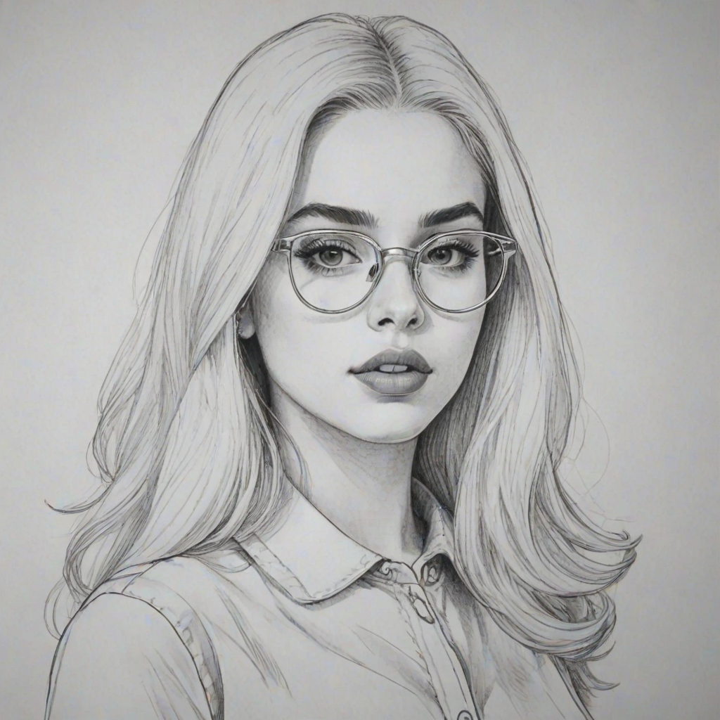 Attractive Ava Max, pencil sketch, portrait of Beauteous woman 1953s in glasses, hair style beatnik, outline, clear lines, fine lines, 8k