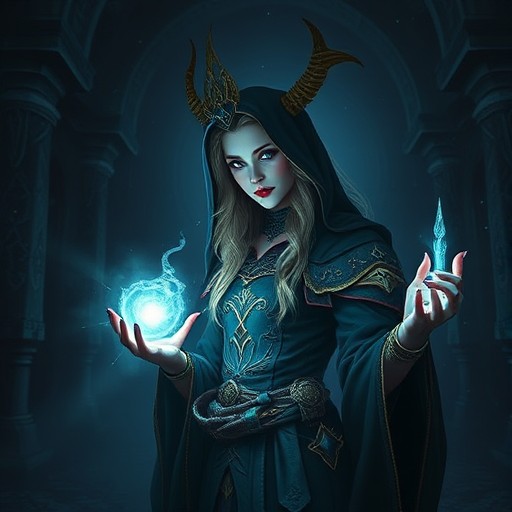 Generate a high-resolution fantasy illustration of a mystical sorceress with glowing elements in a dark temple, using a Canon EOS R5, 50mm f/1.2 lens, at ISO 100, shutter speed 1/125, soft lighting, and a portrait orientation.