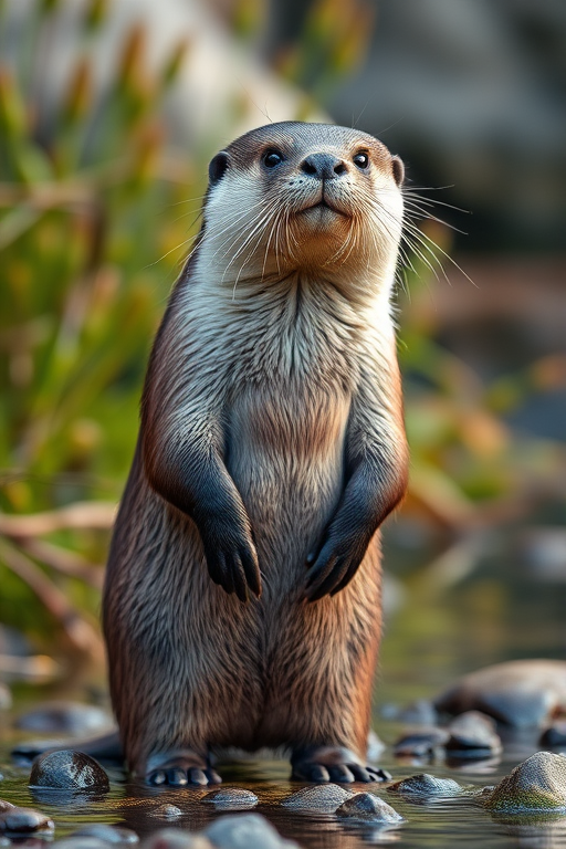 Capture a high-resolution image of an otter standing upright in a natural habitat, using a DSLR camera with a 50mm lens, aperture set to f/2.8 for a shallow depth of field, shutter speed at 1/200s, ISO 400, at eye level to highlight the otter's features with a blurred background.