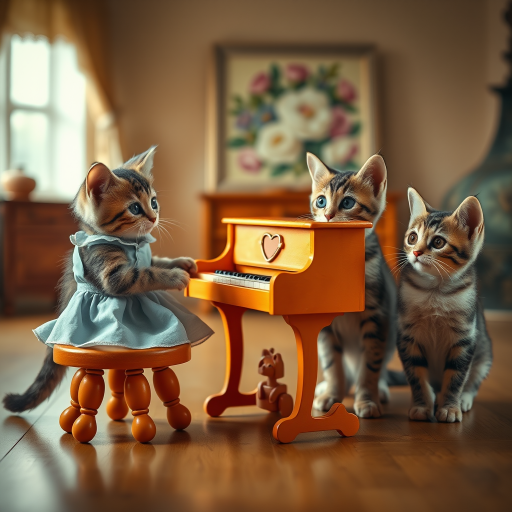 A charming scene of three cute cats in a vintage-style room. One cat, wearing a small, light-blue dress, sits on a tiny stool playing a miniature orange piano. Two other cats, with wide, curious eyes, watch the piano-playing cat intently. The room has warm lighting, with a cozy, old-fashioned aesthetic, soft wooden floors, and a blurred floral painting in the background. The overall mood is playful and whimsical, capturing the innocent curiosity of the cats. The image has a slightly worn, nostalgic feel, reminiscent of an old photograph.