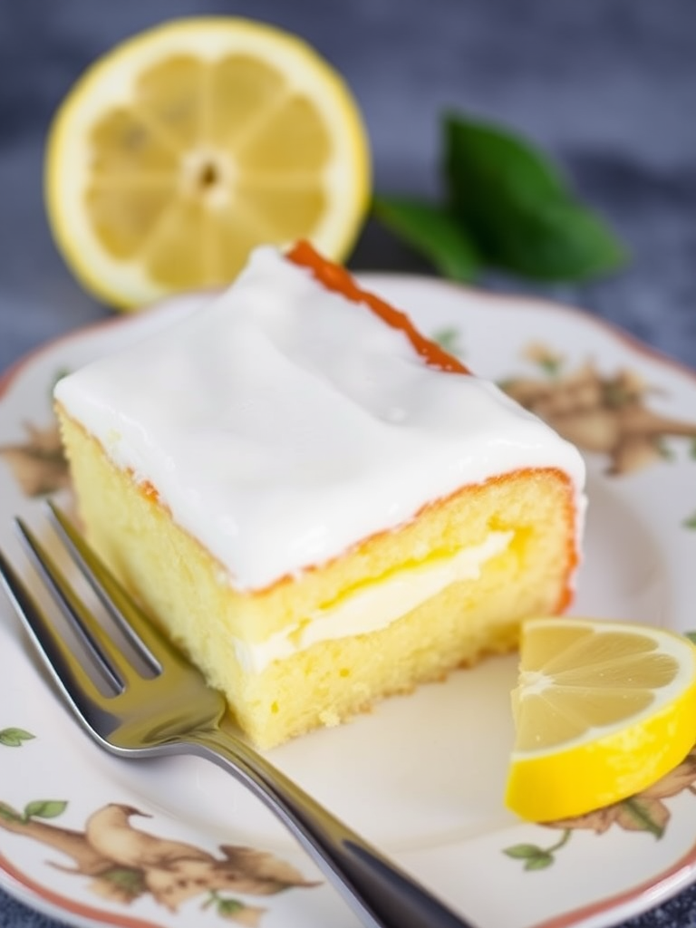 A slice of moist lemon cake with creamy filling and frosting served on a decorative plate alongside a lemon wedge, with a fork resting on the plate.