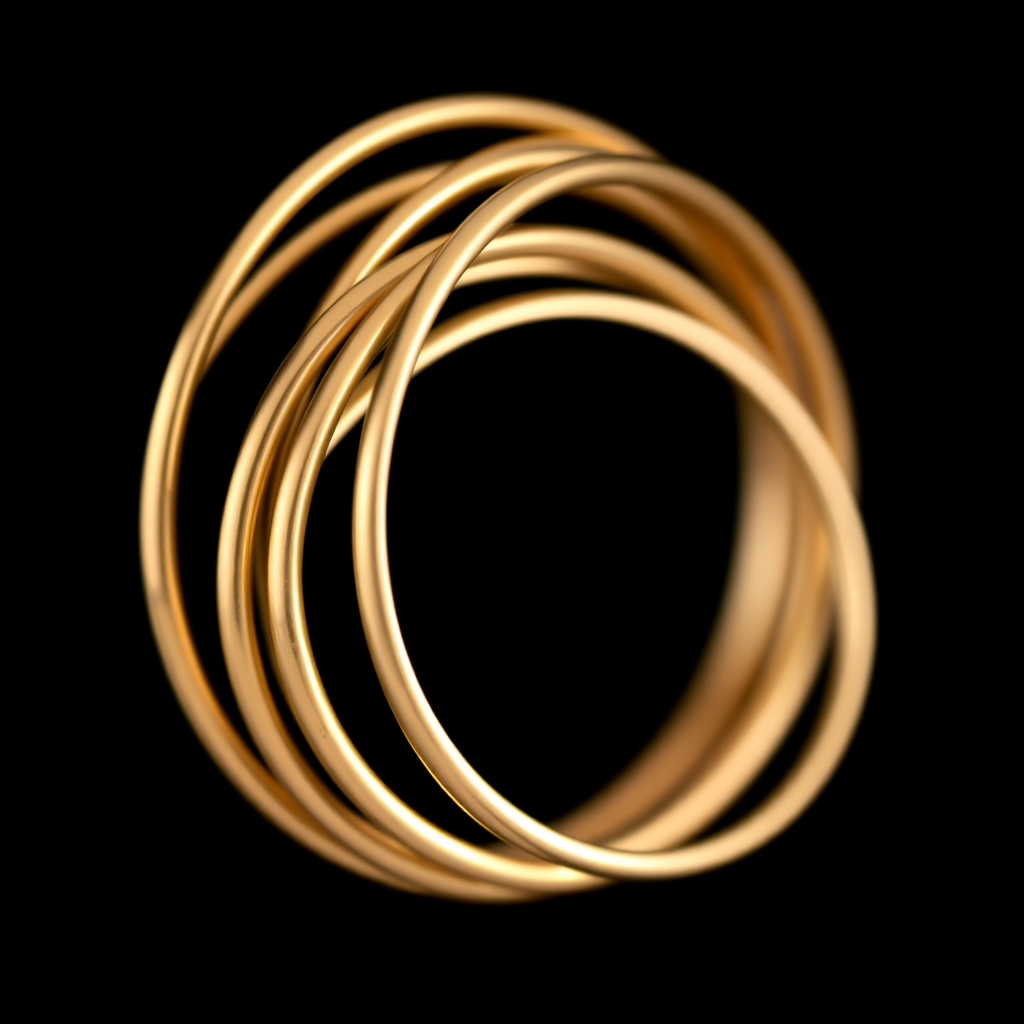 Create a high-resolution image of a vertical arrangement of five intertwining gold rings on a solid black background, using a macro lens with an aperture of f/2.8, a shutter speed of 1/60 sec, ISO 100, and a soft focus effect to enhance the rings' glossy texture.