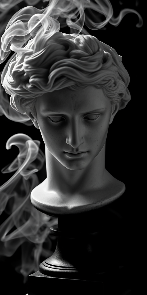 Create a high-contrast black and white image of a classical bust with swirling smoke effects around the head, using a DSLR camera with a 50mm lens, aperture f/1.8, ISO 100, and a low-angle view to emphasize depth.