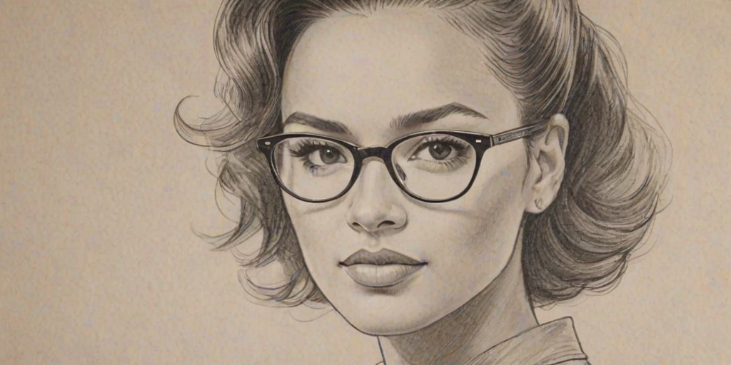Splendid Grace Byers, pencil sketch, portrait of Attractive woman 1944s in glasses, hair style beatnik, outline, clear lines, fine lines, 8k