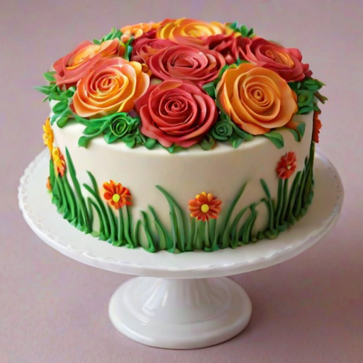 Generate an image of a beautifully decorated cake featuring vibrant floral designs made from icing. The cake should have layers and be adorned with roses and other flowers in shades of red, orange, and cream. It should be presented on a white cake stand, with a simple and elegant background.