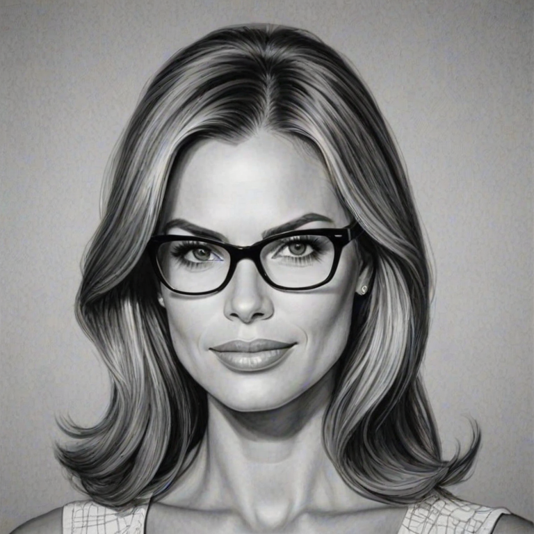 Beauteous Brooke Burns, pencil sketch, portrait of Comely woman 1966s in glasses, hair style beatnik, outline, clear lines, fine lines, 8k