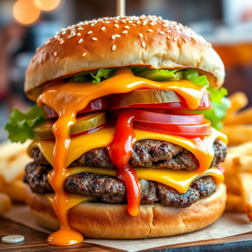 High-resolution, close-up image of a gourmet double cheeseburger. The burger features a glossy, sesame-seed-topped brioche bun. Inside, there are two thick, juicy beef patties, each topped with melted cheddar cheese. The burger is garnished with fresh lettuce, tomato slices, diced onions, and pickles. A generous amount of ketchup and a creamy, orange-colored sauce is dripping down the sides, adding to the mouth-watering appeal. In the background, there are blurred elements including a side of golden French fries and a hint of a beverage, enhancing the overall presentation of a delicious meal.