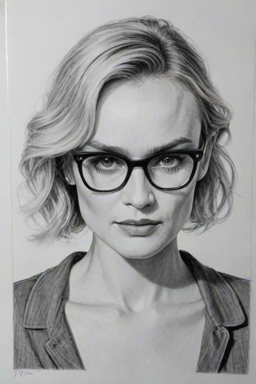 Bewitching Diane Kruger, pencil sketch, portrait of Delightful woman 1951s in glasses, hair style beatnik, outline, clear lines, fine lines, 8k