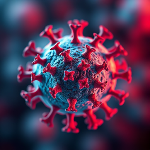 highly detailed 3D rendering of a virus particle with vibrant blue and red colors, macro view, ISO 100, f/8 aperture, 50mm lens, soft focus background, dim lighting for depth, high-resolution output