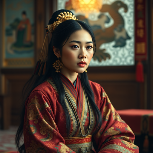 A beautiful First Nations woman in traditional East Asian attire, intricately detailed with embroidered patterns, sitting gracefully in a richly decorated room, soft ambient lighting, serene and elegant, ultra-realistic, 8K resolution