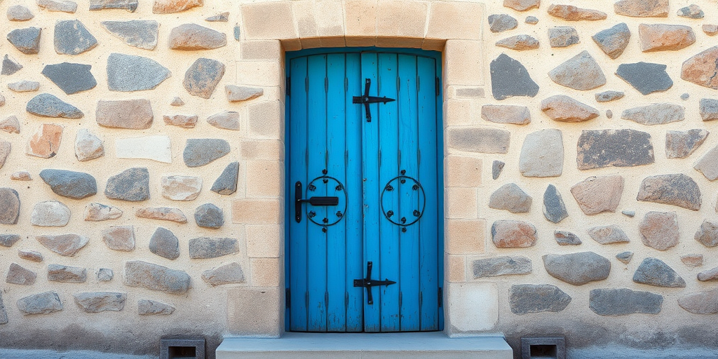 A weathered blue wooden door in a rustic stone wall, soft natural lighting, captured with a Nikon D850, 24mm lens, f/8 aperture, ISO 200, high dynamic range for enhanced details.