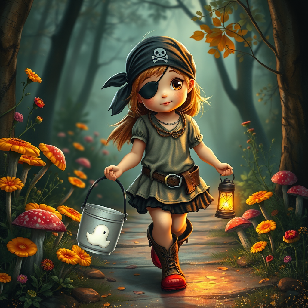 ultra detailed, photo realistic, painterly, of a little girl pirate, patch over one eye, black bandana over hair, walking and carrying an white ghost bucket and a lantern in the other hand, with bright red croc shoes, background path in the enchanted forest, wildflowers, colorful mushrooms misty hues of black and orange with bright gold glitter, ultra detailed