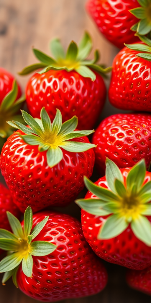 High-quality macro shot of fresh strawberries in vibrant red color, soft focus background, ISO 100, aperture f/2.8, shutter speed 1/125s, top-down view, DSLR camera, natural lighting.