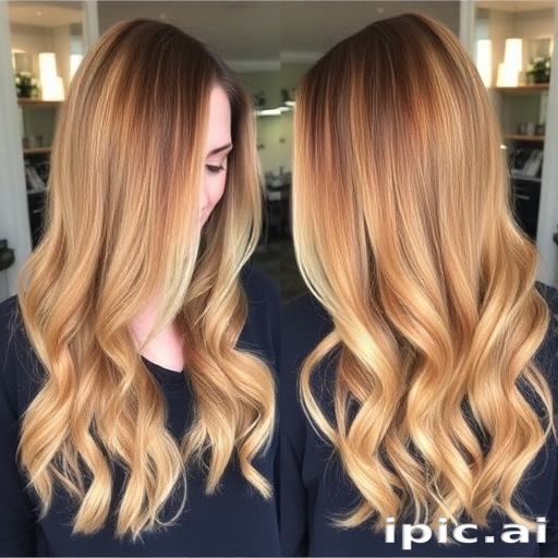 Caramel blonde balayage on long, face-framing layers, named "Golden Hour Glow," featuring a sun-kissed gradient and soft, romantic curls at the ends