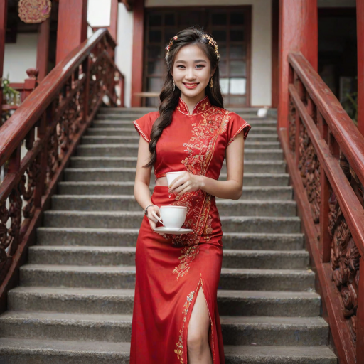 Chinese girl with a sweet smile wearing a red shivalai Thai dress, diamond jewelry, braided hair, holding a cup of hot coffee, wearing white high heels, standing on the stairs, Thai style house.
