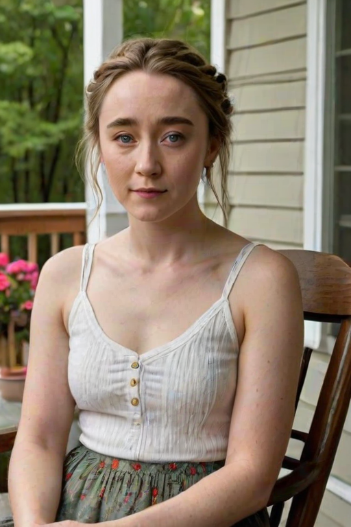 A photo of Saoirse Ronan with a background of a cozy porch. She has dark hair pulled back in an updo, with tendrils framing her face. She wears a white tank top and sits on the porch. The porch is part of a well-lit home with a warm, earthy tone and colorful flowers and foliage. The overall scene has a warm, welcoming, and comfortable ambiance.