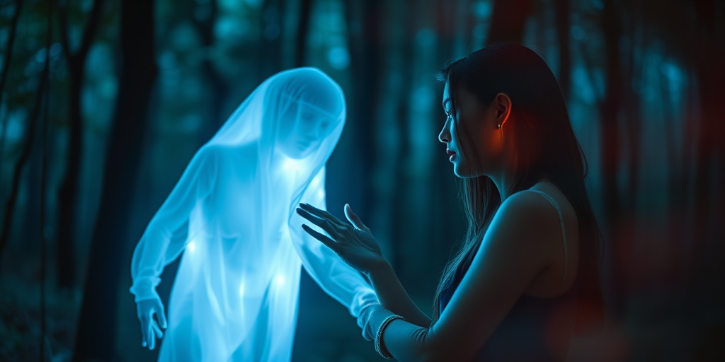 Create an ethereal scene of a woman in a mystical forest at night, showcasing her interaction with a translucent ghostly figure, using a Canon EOS R5, 50mm lens, f/1.8 aperture, ISO 100, 1/60s shutter speed, soft focus background with enhanced glow effects and vibrant colors.