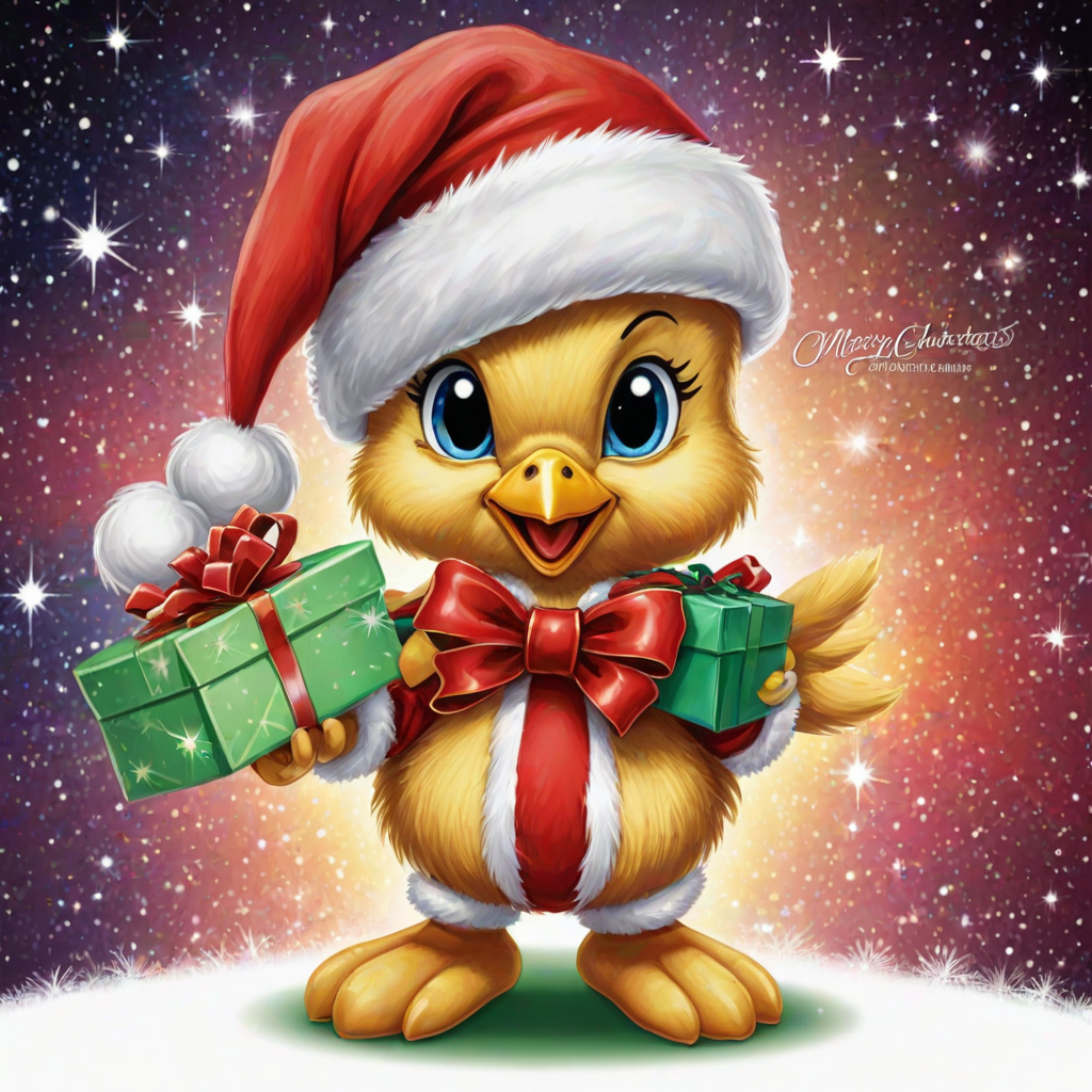 Merry Christmas” cosmic star art tweety bird wearing a Christmas hat and Santa jacket holding gift with a big bow tweety bird is extremely detailed and vibrant behind her is star cosmic design on white background that’s all Christmas colors red green white the words “MERRY CHRISTMAS” is written at the bottom in red electric font outline in black 3000dpi 32k