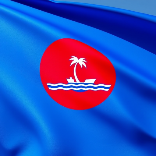 Create an image of the Guam flag featuring a vibrant blue background with a red oval emblem containing a palm tree and a boat, captured with a DSLR camera at f/4.0, ISO 100, and a focal length of 50mm in natural light for enhanced detail and clarity.