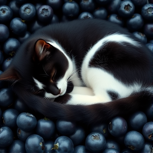 A black-and-white cat rests quietly among (plump, dark blueberries), its (glossy black fur and white patches) blending subtly with the (deep blue tones) of the fruit. The black patches on its fur merge seamlessly with the (midnight blue shades) of the blueberries, while the white areas create a gentle contrast, reminiscent of soft moonlight touching the berries. The cat’s body curves elegantly around the scattered fruits, its (relaxed posture) suggesting a peaceful sleep. Tiny highlights catch on both the (round blueberries) and the (cat’s fur), adding a soft, intermingling glow. Its closed eyes and (serene expression) evoke a sense of tranquility, as if it’s nestled safely among [berries | hidden among the fruits]. The scene alternates between (the cat’s dark fur blending into the shadows) and (the brightness of the white patches), creating a harmonious interplay of light and dark, where the cat’s form almost disappears into the scene, yet remains delicately defined by the soft contrast.