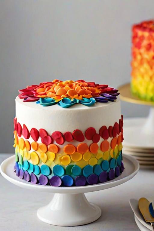 Create an image of a multi-layered cake decorated with a vibrant rainbow pattern made of petal-shaped fondant pieces. The top should feature shades of red, transitioning through orange, yellow, green, blue, and ending with purple at the bottom. The cake should have a smooth white frosting base and be displayed on a simple white cake stand.