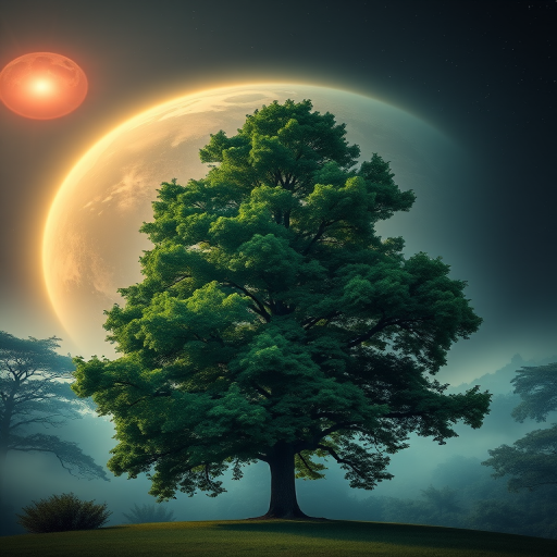 Generate an image of a large green tree against a surreal, glowing planet background with a misty atmosphere, using a DSLR camera with a 50mm lens at f/1.8, ISO 100, and a high dynamic range (HDR) setting for enhanced details and colors.