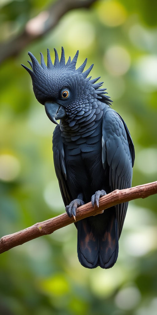 high-resolution portrait of a black cockatoo perched on a branch, close-up, natural habitat, soft bokeh background, f/4 aperture, ISO 200, shutter speed 1/200s, DSLR camera, 85mm lens