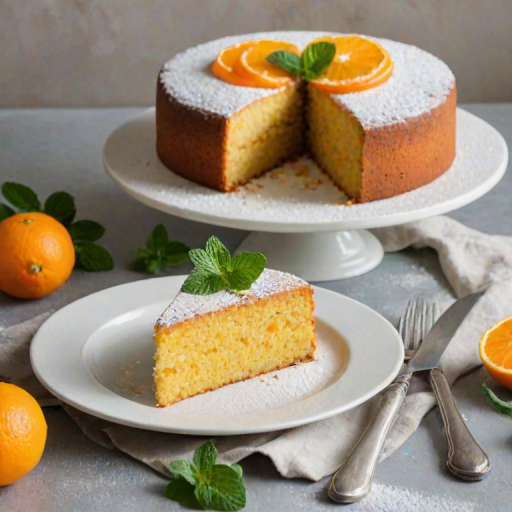 Create an image of a freshly baked orange cake topped with slices of orange and mint leaves. The cake should have a light dusting of powdered sugar on top and be served on a white plate. Include a cake server beside it, with a few slices already cut out. The background should be simple and elegant, enhancing the focus on the cake.