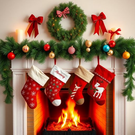 Generate an image of a festive fireplace mantel decorated for the holidays. Include four Christmas stockings hanging from the mantel, each with a unique design. The mantel should be adorned with a garland of greenery and colorful ornaments, creating a warm and cheerful atmosphere.