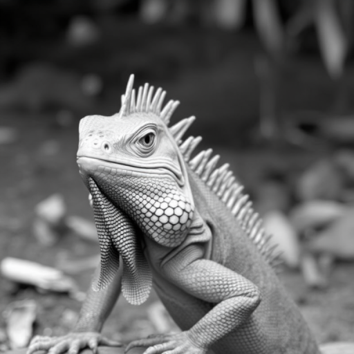 black and white portrait of an iguana with prominent spines and a distinctive dewlap, perched on a natural habitat background