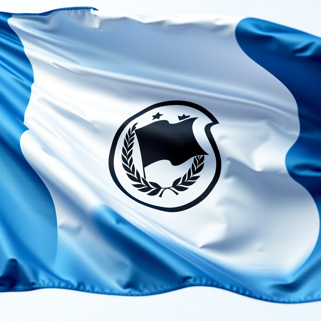 Create an image of a waving flag with a blue and white color scheme, featuring a black flag emblem inside a circular laurel wreath, using a DSLR camera with a focal length of 50mm, aperture set to f/8, ISO 100, at a low angle to emphasize movement and texture.
