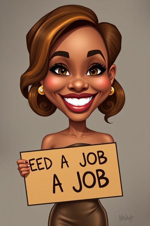 caricature of a smiling Michelle Williams in a Bronze dress or suit, holding up a sign that says "NEED A JOB", no watermark,