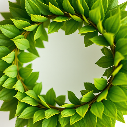 high-resolution circular wreath of green leaves with delicate details, soft natural lighting, macro lens, f/2.8 aperture, 50mm lens, DSLR camera, shallow depth of field, vivid colors, clean background