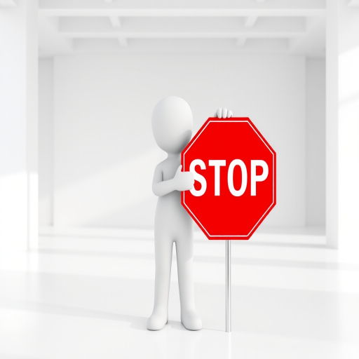 create a 3D rendering of a white humanoid figure holding a red octagonal stop sign in a bright, minimalist setting, shot with a Canon EOS R5 at f/8, 50mm lens, ISO 100, using natural lighting for enhanced clarity and detail
