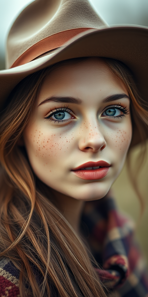 portrait of a young woman with freckles and a stylish hat, soft focus background, high resolution, ISO 200, aperture f/2.8, 50mm lens, natural light, painterly effect