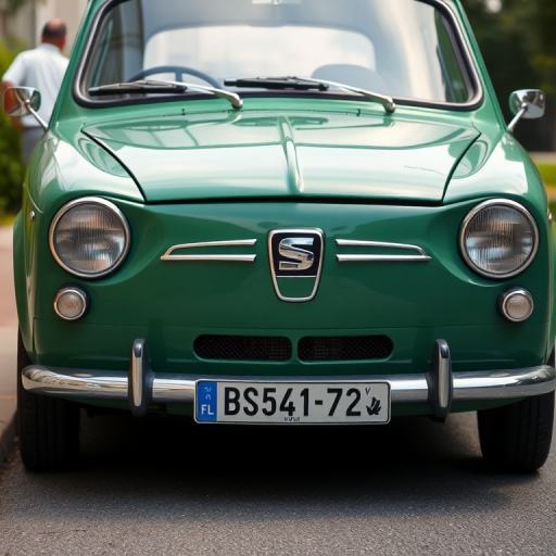 regenerate image of a vintage green SEAT 1500D car with a clear view, taken with a DSLR camera at f/8 aperture, ISO 100, 1/125 second shutter speed, with natural lighting, ensuring high detail and vibrant colors in a slightly angled front view.