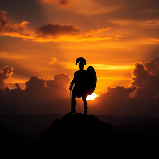 A silhouette of a Spartan warrior standing on a rocky outcrop against a vibrant sunset with dramatic clouds, captured with a Nikon D850, 50mm lens, f/1.8, ISO 100, shutter speed 1/200s, soft focus and high dynamic range settings to enhance colors and details.
