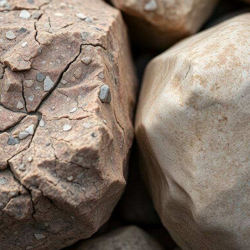 Create a highly detailed close-up image of two contrasting rocks, one textured and colorful, the other smooth and beige, captured with a DSLR camera at f/8 aperture, ISO 100, 50mm lens, in natural lighting for enhanced clarity and depth.