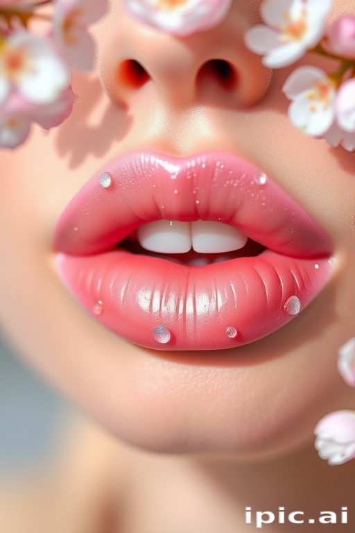 Romantic "Blossom Breeze" lip design incorporates a delicate pink base with a sheer, iridescent overlay, mimicking the soft petals of cherry blossoms and adding a touch of springtime whimsy
