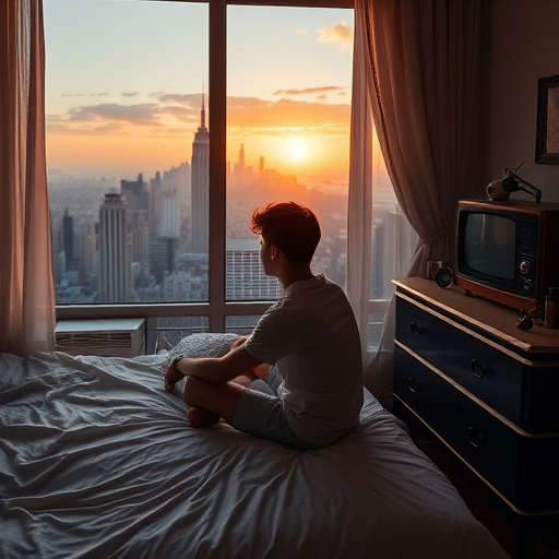 Create a scene of a young man sitting on a bed in a cozy room, overlooking a sunset view over a city skyline with iconic buildings, soft lighting, warm colors, vintage items like a radio and old television on a dresser, camera settings: f/2.8, ISO 100, 35mm lens, HDR style, shot with a full-frame DSLR.