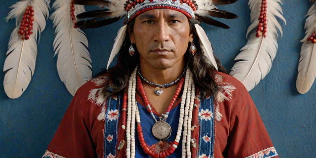 Create a dignified portrait of a Native American man dressed in traditional attire. He wears a beautifully crafted headdress adorned with white feathers and red beads, along with a beaded headband featuring intricate patterns. His clothing includes a deep blue, patterned shirt and a traditional chest piece with detailed beadwork. His arms are crossed, displaying leather armbands decorated with feathers. The background is simple and neutral, emphasizing his proud and stoic expression. The overall image captures the rich cultural heritage and strength of his persona.